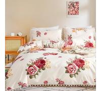 Wotcsil Set Copripiumino Matrimoniale Bianco Floreale Bohémien Parure Copripiumino 220x230cm Boho Pompon Boemia Sacco Copripiumino con Frange in Microfibra con Federe 50x75cm, Floreale Rosa