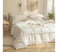 Wotcsil Set Copripiumino Una Piazza e Mezza Bianco Bohémien Parure Copripiumino 200x200cm Boho Pompon Boemia Sacco Copripiumino con Frange in Microfibra con Federe 50x75cm, Bianco