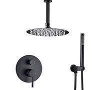 WOTZOV Set Doccia, Parete Doccia, Rubinetto Doccia per Bagno Nero, Ottone, Set Doccia Nero Opaco, Rubinetto Doccia a Pioggia, Rubinetto Doccia a 2 uscite, Rubinetto in Ottone, o，10 inch Type B