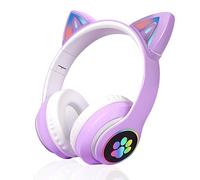 Woukksy Cuffie Bluetooth per Bambini, Pieghevole Wireless Cuffie per Bambina con LED Orecchio di Gatto e Microfono, 85dB Over-Ear Cuffie per Ragazza, Scuola/Tablet/Telefono Cellulare/PC