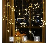 Woukksy Tenda Luci Natale da Interno e Esterno 3.5m Stella Luna Luci di Natale a Batteria/USB, Catena Luminosa con Telecomando, Cascata Luci Natalizie per Balcone, Festa del Festival, Bianco Caldo