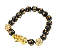 WOVEBIUS Braccialetto pixiu dorato con perline mantra a sei parole, ossidiana 10 mm, ossidiana, oro e caffè