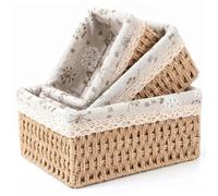 Woven Baskets, 3-piece Wicker Storage Baskets With Lids, Handmade Woven Organizing For Shelves, Natural Wood Color (large/medium/small)