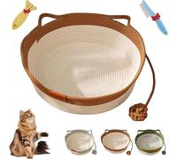 Woven Cat Basket Bed with Cotton Cushion,Cotton Rope Kitten Basket with Toy Ball, Round Cat Beds for Indoor Cats Woven Sleeping Nest, Breathable Pet Bed Four Seasons Universal(Brown,M)