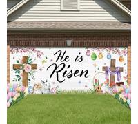 WovWeave Striscione pasquale per porta del garage, 2 x 5 m, con scritta in lingua inglese "He is Risen", decorazione da parete religiosa, da appendere, per primavera, Pasqua, sfondo per feste
