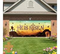 WovWeave Striscione pasquale per porta del garage, 2 x 5 m, con scritta in lingua inglese "He is Risen", decorazione religiosa da appendere alla parete, per feste cristiane e primaverili