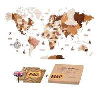 WOW WOOD® Premium Decorazione da parete Mappa del mondo in legno 3D in inglese con puntine | Montaggio a parete senza attrezzi | Idea regalo per ogni ricorrenza (Colore del legno, 62.00 x 120.00 cms)