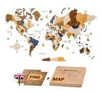 WOW WOOD® Premium Decorazione da parete Mappa del mondo in legno 3D in inglese con puntine | Montaggio a parete senza attrezzi | Idea regalo per ogni ricorrenza (Multicolore, 62.00 x 120.00 cms)