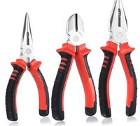 WOWEI Set di 3 Pinze, Taglio Laterale 160 mm, Becchi Lunghi 160 mm, Combinata 180 mm - Manici Morbidi Pinze Utensili a Mano per Riparazioni Domestiche e Meccaniche per Elettricisti Nero Rosso
