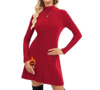 WOWENY Abiti da Donna Termici con Colletto Alto a Costine, Elegante Abito a Linea a Maniche Lunghe Invernale Basic Minivestito da Party, Cocktail, Club, Colore: rosso, XXL