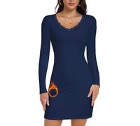 WOWENY Abiti da donna termici con pizzo, eleganti, bodycon, a maniche lunghe, con scollo a V, invernali, basic, mini abito, per feste, cocktail, club, Blu mare, S