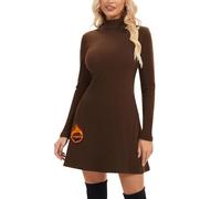 WOWENY Abito da Donna Termico con Colletto Alto, A-Line, Elegante, a Coste, a Maniche Lunghe, Mini Abito per Inverno, Basic, per Festa, Cocktail, Club, marrone, S