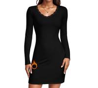 WOWENY Abito da Donna Termico con Pizzo, Elegante Bodycon a Maniche Lunghe con Scollo a V, Invernale, Basic, Mini Abito per Festa, Cocktail, Club, Nero , M