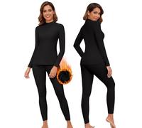 WOWENY Biancheria intima termica da donna in pile, biancheria intima invernale calda, funzionale, con colletto alto e pantaloni termici, leggings per tutti i giorni, sci, escursionismo, Nero , L
