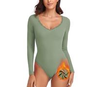 WOWENY Body termico da donna a maniche lunghe elegante con body in pile con scollo a V in pizzo Camicia calda e confortevole
