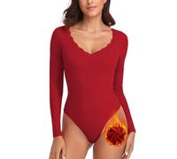 WOWENY Body termico da donna a maniche lunghe elegante con body in pile con scollo a V in pizzo Camicia calda e confortevole