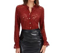 WOWENY Camicetta in pizzo da donna, a maniche lunghe, elegante, con colletto alto, in pizzo, rosso vivo, M