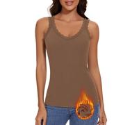 WOWENY Canottiera termica da donna con pizzo, senza maniche, con scollo a V, in pile, elegante top in pizzo, marrone, M