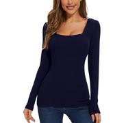 WOWENY Haut thermique pour Femme - Pull d'hiver à col carré à Manches Longues - Sous-vêtements thermiques côtelés - T-Shirt à Manches Longues en Polaire