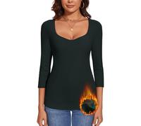 WOWENY Maglia termica da donna in pile, maniche a 3/4, con scollo a sweetheart, elegante camicia termica calda e confortevole, Braccio a 3/4 verde scuro, S