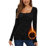 WOWENY Maglia Termica da Donna, Maglione Invernale con Scollo angolare, a Maniche Lunghe, Biancheria Intima Termica a Righe, a Maniche Lunghe, in Pile, Nero Lucido, L