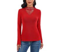 WOWENY - Maglietta da donna con scollo a rollò, in pizzo, a maniche lunghe, elegante, con scollo a lupetto, sottogiacca, slim fit, rollò, maglione sottile, stretch, Colore: rosso, L