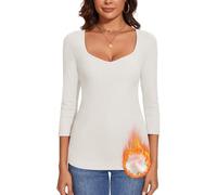 WOWENY Maglietta Termica da Donna in Pile a Maniche Lunghe con Scollo a Cuore, Elegante, a Maniche 3/4, Calda, Comoda, Top Invernale, M