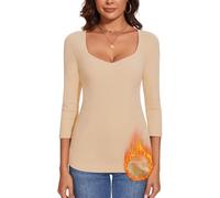 WOWENY Maglietta Termica da Donna in Pile a Maniche Lunghe con Scollo a Cuore, Elegante, a Maniche 3/4, Calda, Comoda, Top Invernale, XL