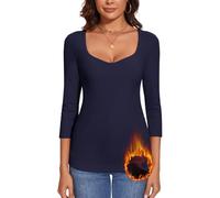 WOWENY Maglietta Termica da Donna in Pile a Maniche Lunghe con Scollo a Cuore, Elegante, a Maniche 3/4, Calda, Comoda, Top Invernale, XL