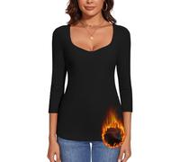 WOWENY Maglietta Termica da Donna in Pile a Maniche Lunghe con Scollo a Cuore, Elegante, a Maniche 3/4, Calda, Comoda, Top Invernale, XL