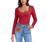 WOWENY, maglietta termica da donna in pile a maniche lunghe con scollo a cuore, elegante, a maniche 3/4, calda, comoda, top invernale, M