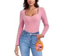 WOWENY, maglietta termica da donna in pile a maniche lunghe con scollo a cuore, elegante, a maniche 3/4, calda, comoda, top invernale, M