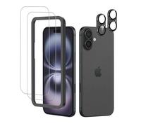 WowFluy Confezione da 2 pellicole protettive per iPhone 16 Plus con | 17 cm, 2 protezioni in vetro temperato + 2 copriobiettivo in metallo nero con telaio di installazione, durezza 9H, custodia