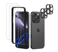 WowFluy Confezione da 2 pellicole protettive per iPhone 16 Pro con | 16 cm, 2 protezioni in vetro temperato + 2 copriobiettivo in metallo nero con telaio di installazione, durezza 9H, custodia