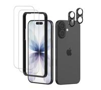 WowFluy Confezione da 2 pellicole protettive per iPhone 17 con protezione | 16 cm, 2 protezioni in vetro temperato + 2 copriobiettivo in metallo nero con telaio di installazione, durezza 9H, custodia