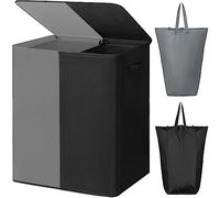 WOWLIVE 154L Doppio cesto da bucato con coperchio Grande cesto da bucato pieghevole 2 divisori con maniglie per armadio lavanderia (grigio+nero)