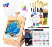 WOWOSS Set di Cavalletti da Tavolo, 40 Pezzi Kit di Pittura per Artisti Adulti e Principianti, Cavalletto Pittura da Tavolo in Legno con 24 Colori Acrilici, 10 Pennelli, 3 Tela, Spatola e Tavolozza
