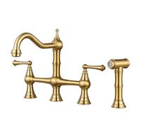 WOWOW - Rubinetto da cucina a ponte in ottone con spruzzatore laterale, 4 fori, 2 maniglie per lavello da cucina, rubinetto da cucina da 20 cm, colore: Oro spazzolato