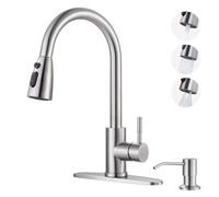 WOWOW Rubinetto per lavello da cucina con dispenser di sapone, rubinetto da cucina estraibile in acciaio inox nichel spazzolato rubinetto per lavello monocomando rubinetto da cucina ad arco alto per
