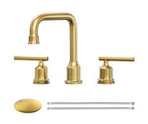 WOWOW Spazzolato Oro Bagno Rubinetto Diffuso Bagno Lavello Rubinetto 2 Maniglia Lavatoio Rubinetto 3 Fori con Tubo di Scarico e Alimentazione Mordern Rubinetto Del Bacino Ottone