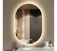 wowspeed Specchio da bagno rotondo con illuminazione 50 x 75 cm, specchio da bagno rotondo con orologio, LED, dimmerabile, 3 colori di luce, antiappannamento, memoria di luce