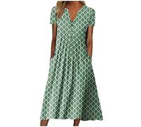 WOXIHUAN Abiti Donna Lunghi Manica Cotone Eleganti Vestiti Taglie Forti Casual Vestiti Midi Abito Casual Estivo Abito da Lunghe con Scollo a V Vestito Donna Estivo Vestito Donna Elegante Curvy