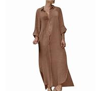 WOXIHUAN Abito Lungo Tinta Unita da Donna in Lino Cotone Stile Bohémien con Tasche con Scollo a V a Maniche Lunghe Stile retrò Maxi Casual Vestito Taglia Larga Elegante Lino Caftano Primavera Autunno