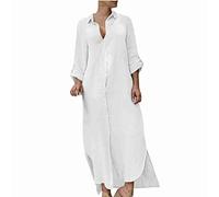 WOXIHUAN Abito Lungo Tinta Unita da Donna in Lino Cotone Stile Bohémien con Tasche con Scollo a V a Maniche Lunghe Stile retrò Maxi Casual Vestito Taglia Larga Elegante Lino Caftano Primavera Autunno