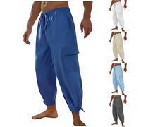 WOXIHUAN Cotone e Lino Pantaloni Uomo Vita Elastica Pinocchietto con Tasche Laterali Pantalone Casuale Coulisse Pinocchietti Tasca Grande Pantalaccio Baggy Leggero Pants Tinta Unita Pantaloni