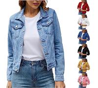 WOXIHUAN Giacca in Jeans per Donna Giacche Versione Breve Cappotto Vestibilità Slim Cardigan Petto Singolo Giacca Collare di Ribaltamento Maglia Maniche Lunghe Outwear Autunnali Casual Blazer