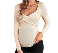 WOXIHUAN Maglietta Allattamento Premaman Scollo a v Maglia Manica Lunga Abiti Premaman Donna T-Shirt Camicia di maternità Gravidanza Camicetta Donna Elegante Regali per la Moglie Beige XL