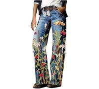 WOXIHUAN Pantaloni Jeans Donna Farfalla Fiore Stampato Pantalone in Denim Elastici Stretto Pinocchietti Appaiono Sottili Pantaloni Pulsanti Tasche Pinocchietto Comodi Casuale Pantalone da All'aperto
