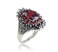 WOZUIMEI Anello Retrò in Stile Cinese S925 Gioielli in Argento Sterling Classico Anello in Argento con Granato Sintetico Sfaccettato Femminile Tailandese Semplice Anello Di Marcasite SempliceS, 17.8