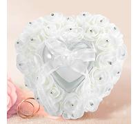 WPKD BLUEIY Cuscino per anelli a forma di cuore, romantico cuscino per fedi nuziali con strass, cuscino unico con perle rosa, per cerimonie nuziali (bianco)